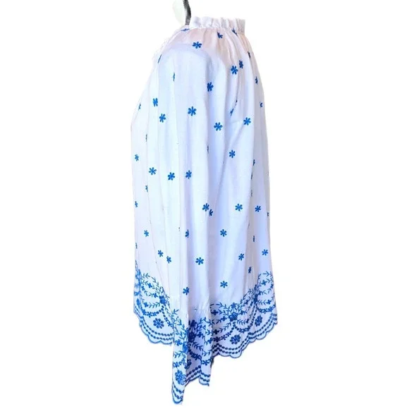 Belle by Kim Gravel Peasant Blouse Medium White Blue Floral Embroidered Boho - Picture 5 of 8